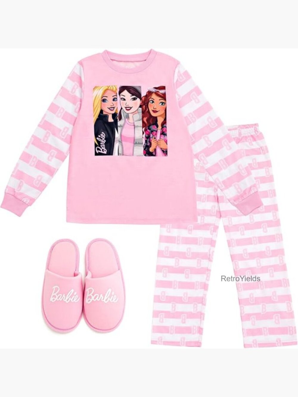 Girls 3 Piece Pajama Set with Slippers Long Sleeve Sleepwear